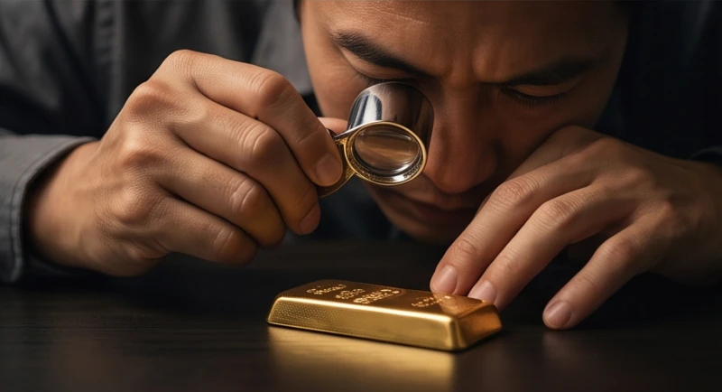 Mơ thấy mất vàng là điềm gì: Luận giải kịch bản & bộ số may mắn 7 Bàn tay cầm lăng kính lúp soi chiếu kỹ lưỡng một thỏi vàng để phân biệt hàng thật và hàng giả trên mặt bàn