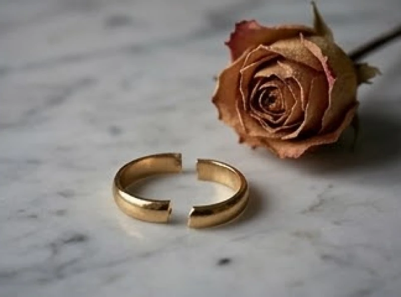 Nhẫn bị gãy là điềm gì: Giải mã tâm linh và cách hóa giải 2 Chiếc nhẫn cưới bằng vàng tây bị nứt làm đôi đặt cạnh một bó hoa hồng khô héo trên mặt bàn