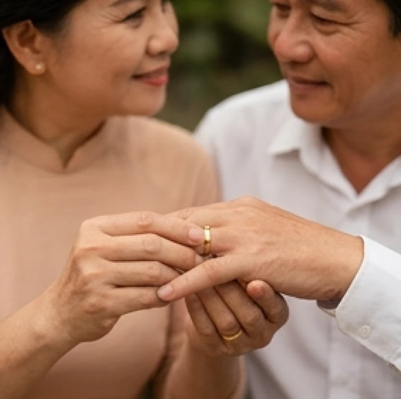 Tuổi Dần nên cưới vào năm nào: Cách tự tính Kim Lâu và mốc đại cát 9 Hai bàn tay của cặp đôi trung niên trao nhau chiếc nhẫn vàng trơn giản dị, minh chứng cho tình yêu chín chắn lứa tuổi ngũ tuần