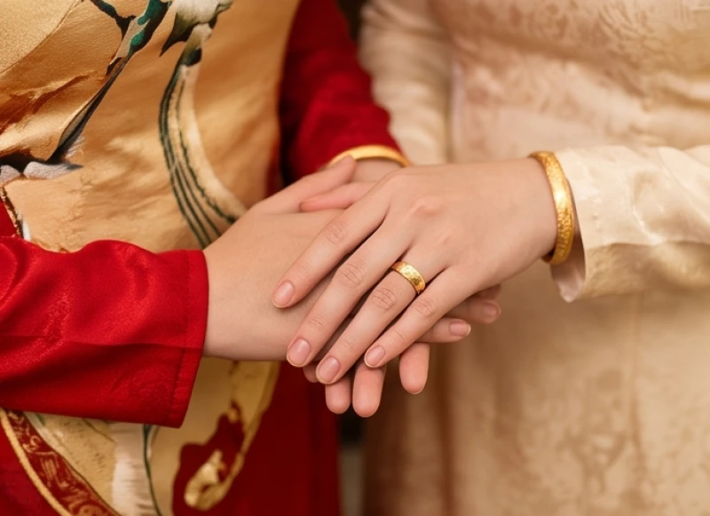 Cận cảnh đôi bàn tay của cô dâu và chú rể đeo nhẫn cưới lấp lánh đan chặt vào nhau