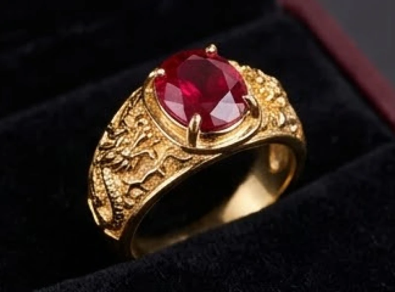 Nhẫn phong thủy tuổi Thìn: Chọn tay đeo & cách đo size chuẩn 5 Mặt nhẫn vàng đính đá Ruby đỏ thẫm được bao quanh bởi các họa tiết rồng uốn lượn