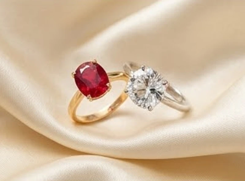 Mặt nhẫn đính đá Ruby đỏ rực rỡ bên cạnh viên Topaz trắng tinh khiết đặt trên nền lụa cao cấp