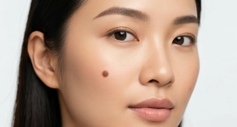 Phụ nữ với nốt ruồi đại cát màu đen bóng rõ nét trên khuôn mặt