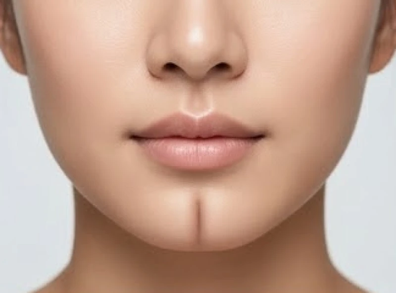 Cận cảnh phần dưới khuôn mặt với rãnh cằm dọc hằn rõ nét chia đều đỉnh tướng cằm chẻ thành hai khối