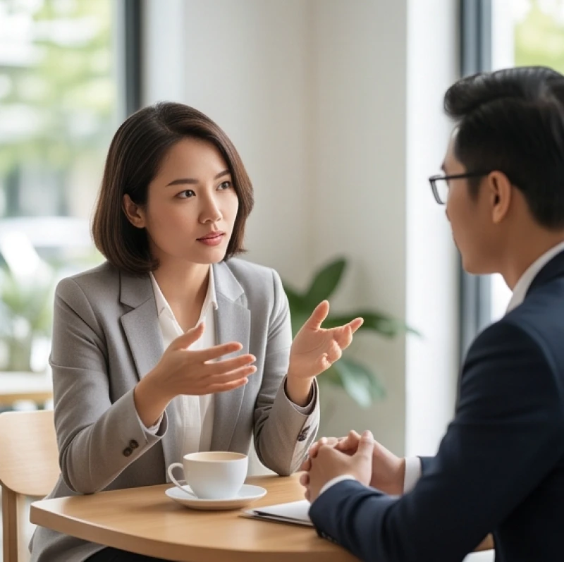 Hai người đang ngồi trò chuyện nghiêm túc và trao đổi những lời khuyên mang tính xây dựng