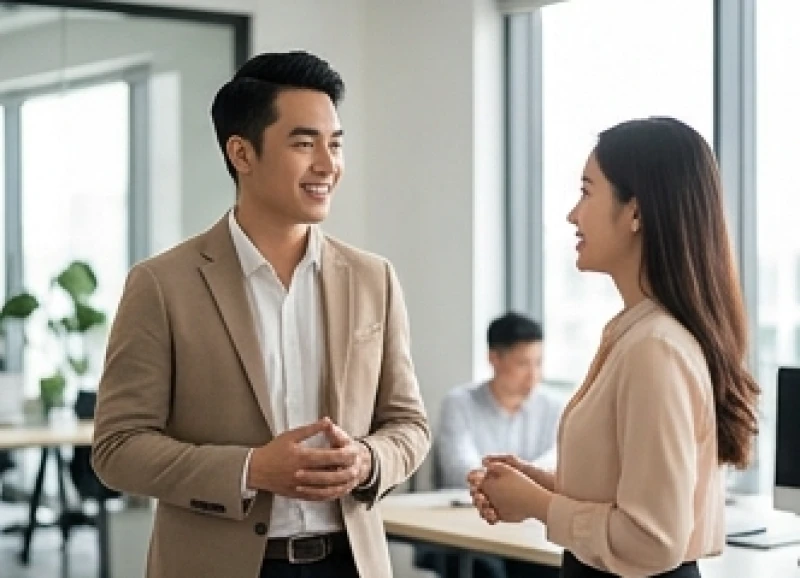 Nam thanh niên tự tin giao tiếp cùng đồng nghiệp trong không gian làm việc mở ra nhiều mối quan hệ mới