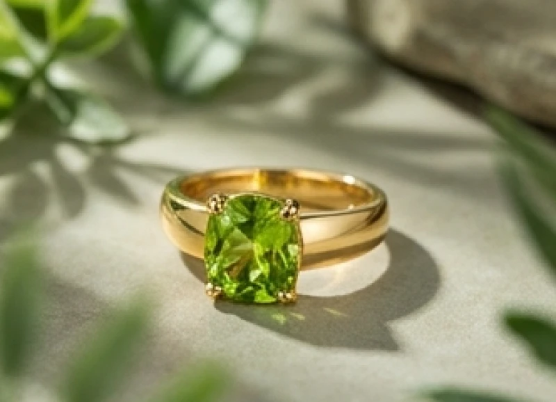 Chiếc nhẫn vàng 18K đính đá Peridot xanh lục lấp lánh phản chiếu ánh sáng