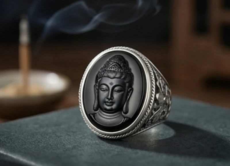 Nhẫn phong thủy mặt đá Obsidian chạm khắc hình tượng Phật Đại Thế Chí Bồ Tát