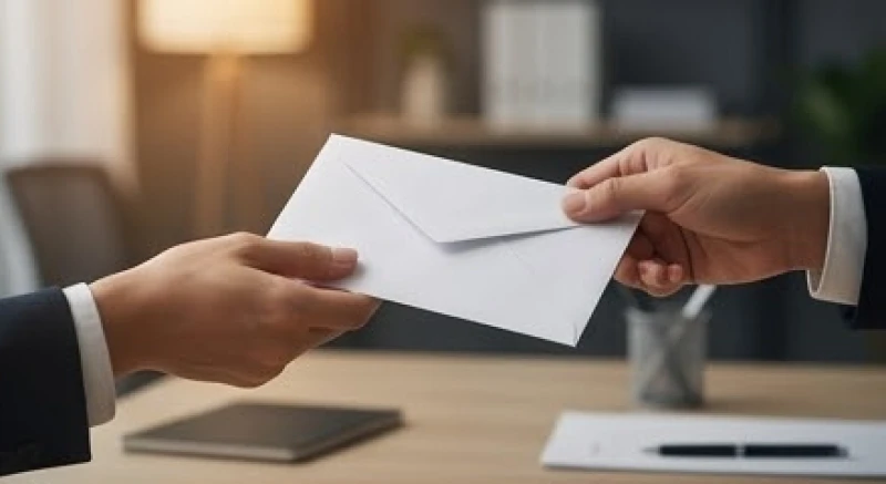 Đôi bàn tay của một người lạ mặt đang trao chiếc phong bì qua bàn làm việc cho một đối tác kinh doanh