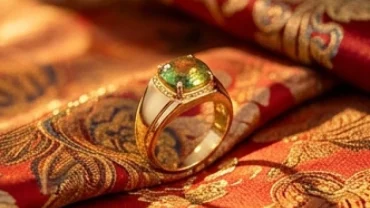 Chiếc nhẫn phong thủy tuổi Ngọ đính đá quý tự nhiên lấp lánh đặt trên lụa tơ tằm