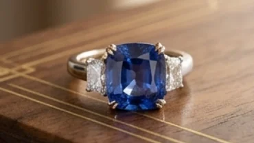 Chiếc nhẫn phong thủy tuổi Thân đính đá quý lấp lánh sang trọng trên nền gỗ tối màu