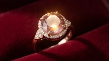 Chiếc nhẫn phong thủy tuổi tuất đính đá quý tinh xảo tỏa sáng rực rỡ trong không gian sang trọng