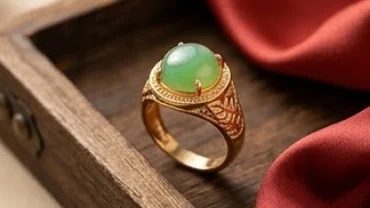 Mẫu nhẫn phong thủy tuổi tỵ đính đá tự nhiên sang trọng đặt trên khay gỗ trầm hương