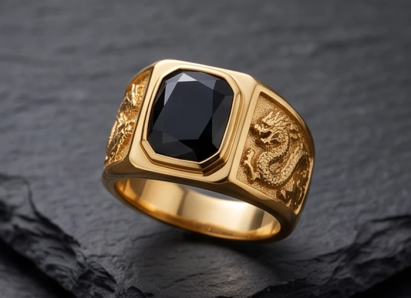 Nhẫn phong thủy tuổi Mão: Bảng màu đá và ngón đeo chuẩn nam nữ 3 Nhẫn nam đính đá Sapphire đen kết hợp họa tiết tạc hình rồng uy dũng và vững chãi