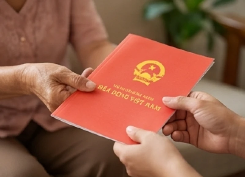 Hai bàn tay trân trọng trao nhau cuốn sổ đỏ nhà đất trong không gian gia đình ấm cúng