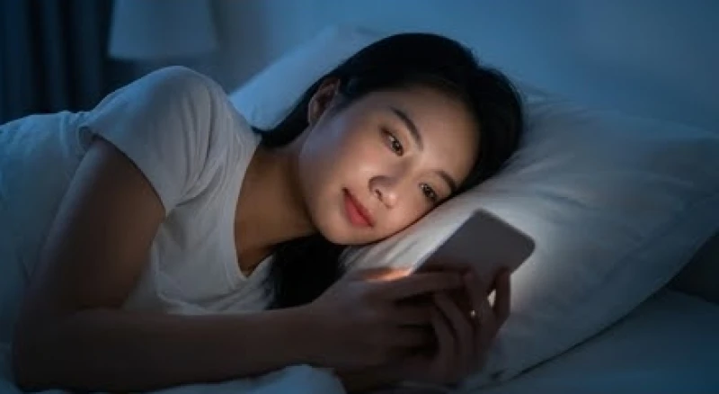 Cô gái Việt Nam thức khuya lướt mạng xã hội và xem tin nhắn trên điện thoại trong phòng tối