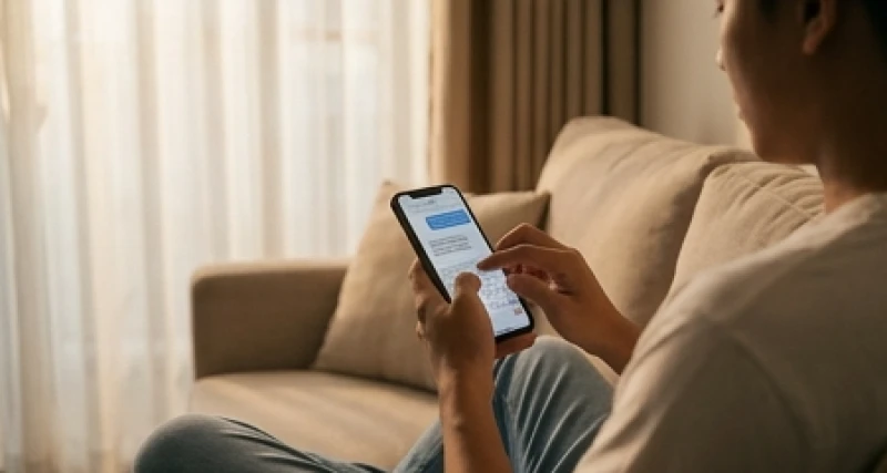 Khung cảnh một người mỉm cười nhắn tin điện thoại trên ghế sofa để tái lập kết nối với gia đình