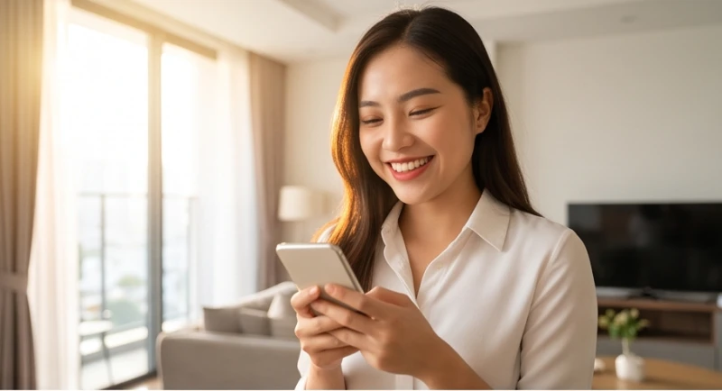 Nụ cười rạng rỡ của nhân viên văn phòng khi xem điện thoại vào buổi sáng sớm