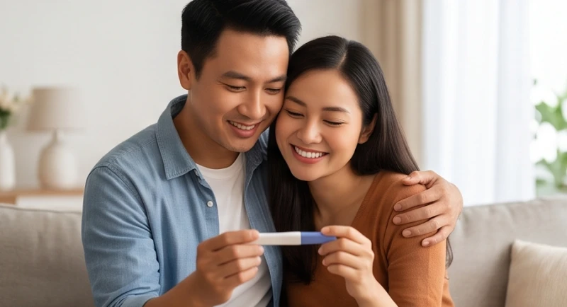 Người chồng vui sướng ôm chầm lấy bạn đời khi nhận được chiếc que thử thai báo hiệu tin vui