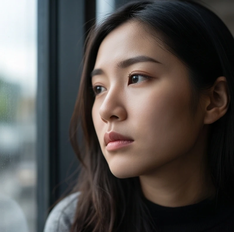 Đôi mắt buồn và khuôn mặt mất cân đối của một người phụ nữ phản ánh tâm trạng lo âu