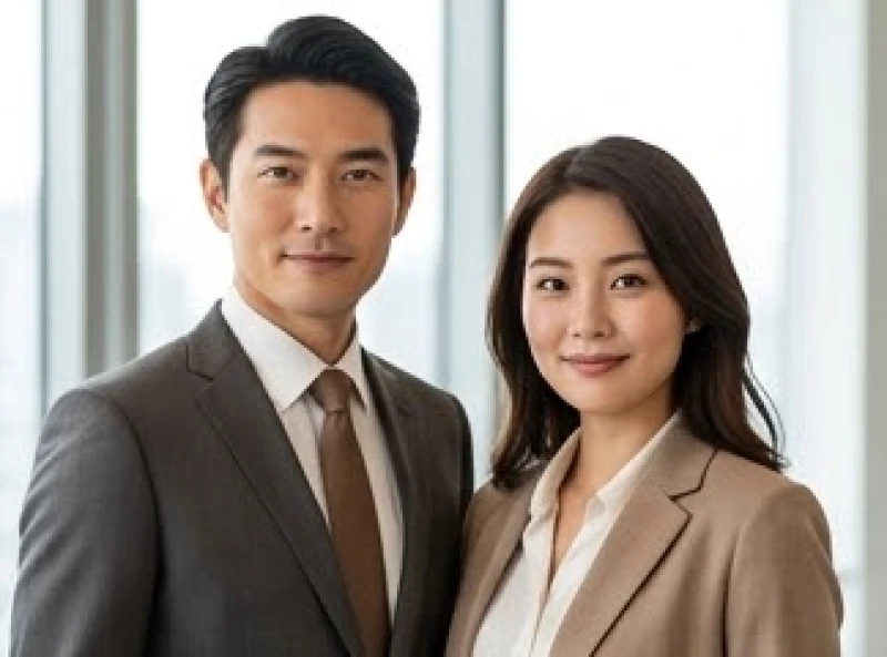 Cặp đôi nam nữ doanh nhân có nét mặt hài hòa với vùng má tròn đầy thể hiện sự viên mãn