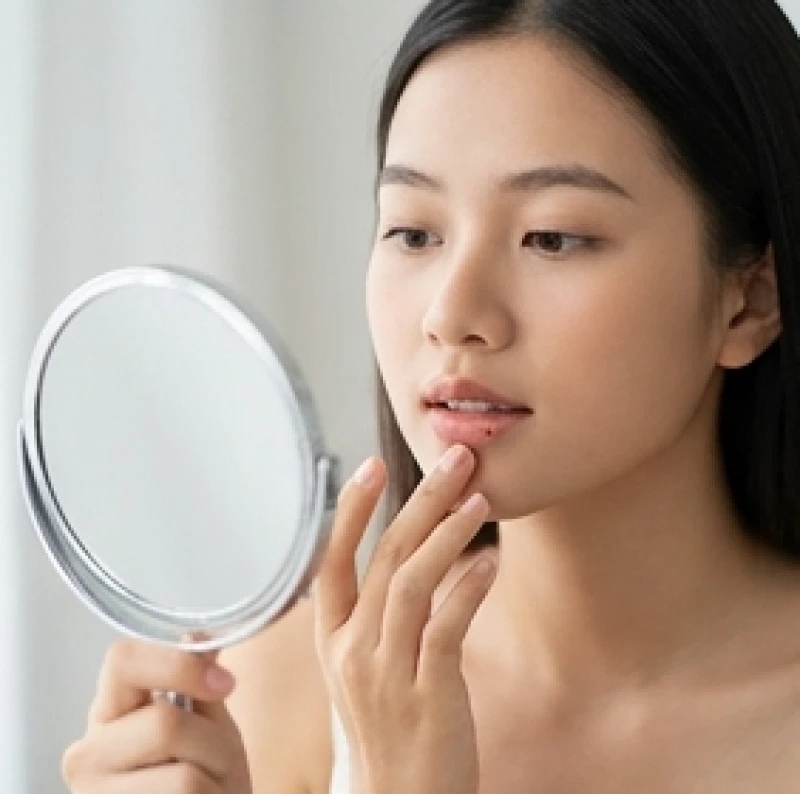 Nốt ruồi ở môi dưới nữ: Ý nghĩa vị trí & hướng dẫn tẩy an toàn 1 Nữ giới quan sát chi tiết nốt ruồi ở môi dưới qua gương nhỏ