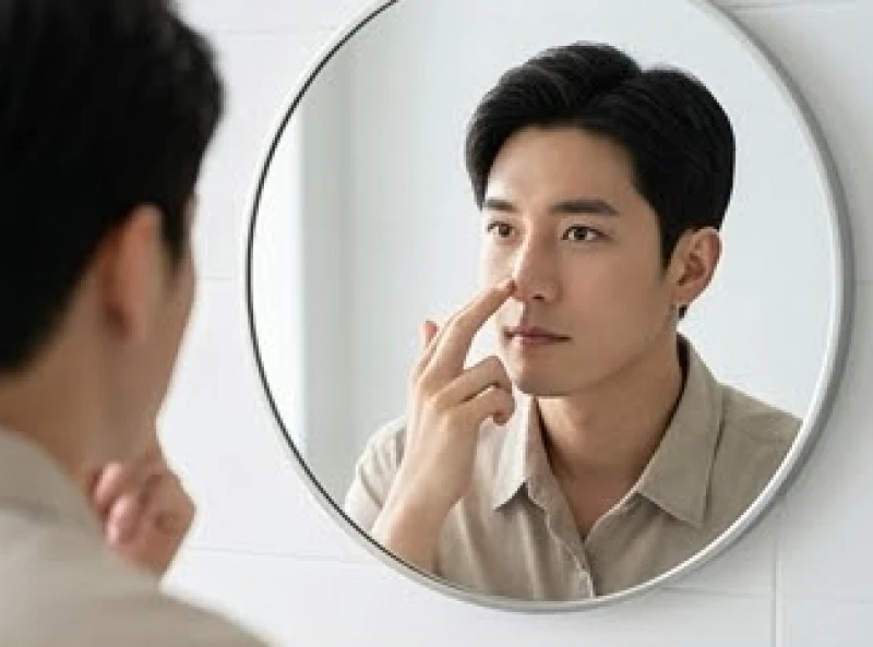 Đàn ông trưởng thành soi gương quan sát nốt ruồi ở chóp mũi để xem xét vận mệnh tài chính