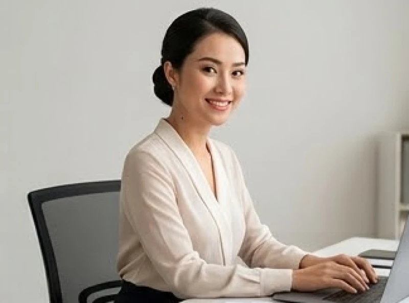 Người phụ nữ với nốt ruồi sau gáy đang mỉm cười rạng rỡ khi làm việc tại văn phòng