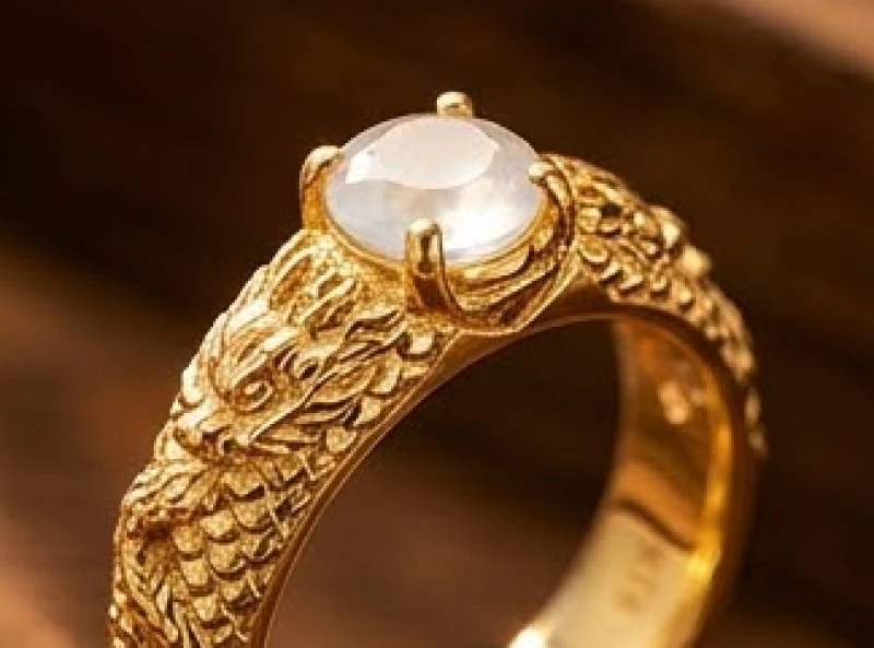 Cận cảnh các chi tiết trạm trổ vảy rồng tinh xảo trên vỏ nhẫn vàng 18k bọc khối đá quý rực rỡ