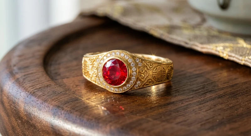 Chiếc nhẫn phong thủy chế tác từ vàng 18K đính đá quý lấp lánh dưới ánh đèn