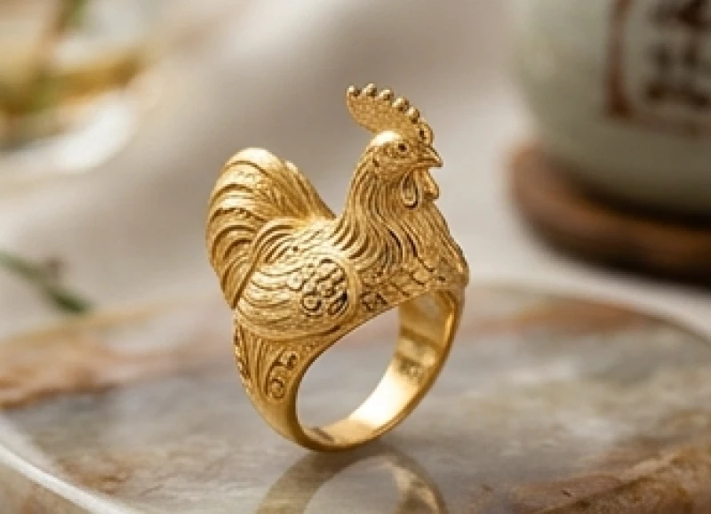 Mẫu nhẫn phong thủy chạm khắc hình linh vật gà trống Kim Kê tinh xảo bằng vàng 18K cho người tuổi Dậu