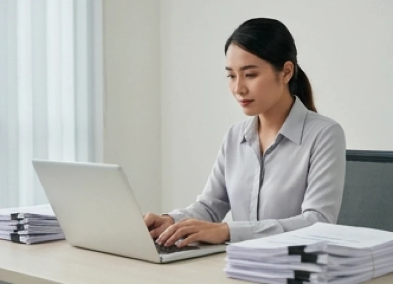 Nhân viên nữ tập trung xử lý hồ sơ hành chính và sổ sách kế toán trong một không gian làm việc yên tĩnh