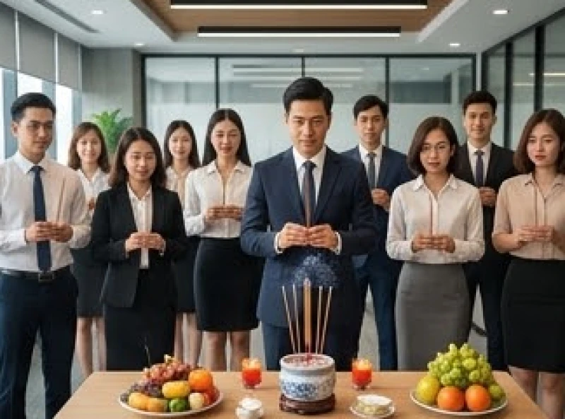 Văn khấn tất niên tại công ty: Bài cúng chuẩn không lẫn gia tiên 2 Tập thể nhân viên công ty cùng đứng trang nghiêm thắp hương trước mâm cúng tất niên