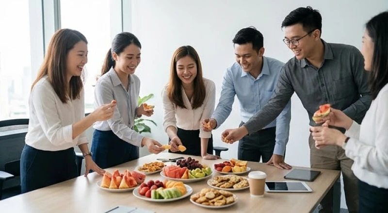 Văn khấn tất niên tại công ty: Bài cúng chuẩn không lẫn gia tiên 13 Các nhân viên văn phòng vui vẻ chia nhau phần trái cây và bánh kẹo sau khi lễ cúng kết thúc