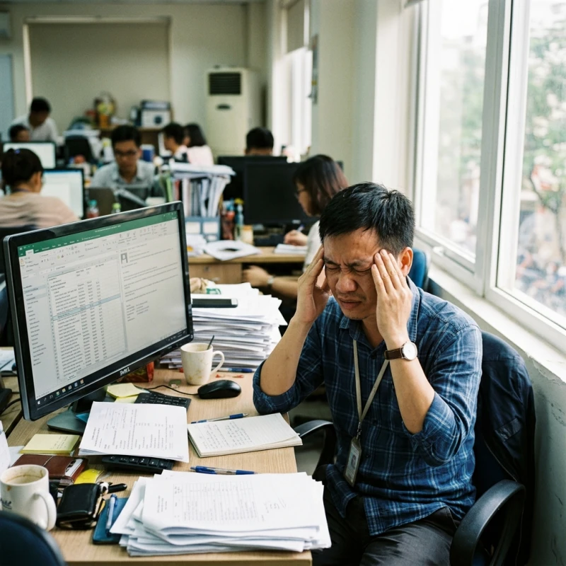 Sức khỏe tuổi Dần năm 2027: Dự báo bệnh lý theo từng can chi 2 Nhân viên văn phòng xoa bóp thái dương do mệt mỏi và căng thẳng khi làm việc trước màn hình máy tính