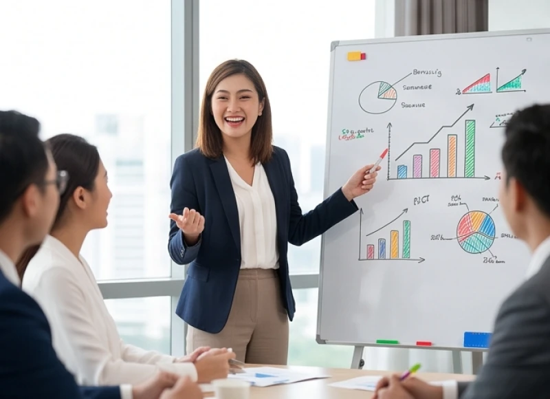 Nữ chuyên viên phân tích tài chính đang thuyết trình kế hoạch kinh doanh trước bảng trắng