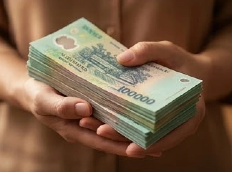 Đôi bàn tay đang cầm một xấp tiền mặt dày cộp gợi lên cảm giác sung túc nhưng đan xen áp lực trách nhiệm