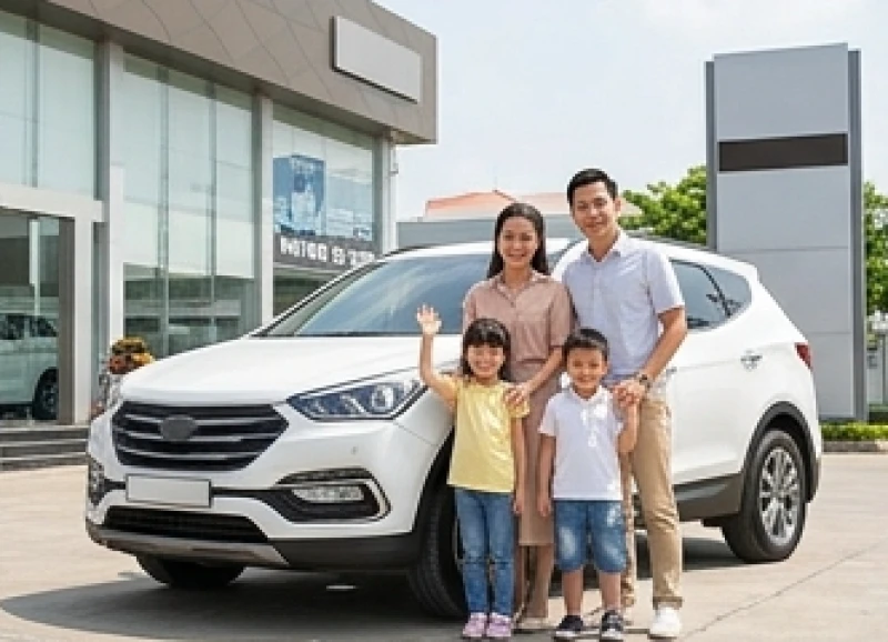 Gia đình vui vẻ đứng cạnh chiếc xe mới đỗ trước sảnh đại lý trong một buổi sáng nắng đẹp