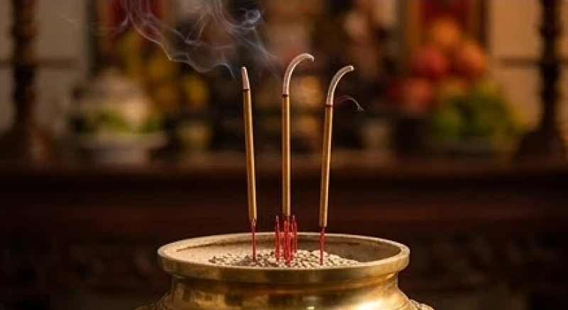 Ba nén hương trên ban thờ đã cháy được hai phần ba chiều dài với tàn hương uốn cong