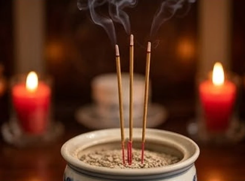 Ba nén nhang đang cháy tỏa khói mờ ảo trên bát hương trước khi gia chủ tiến hành hạ đồ thờ cúng xuống