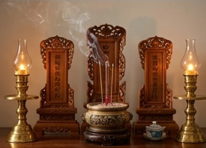 Khói nhang trầm lan tỏa mờ ảo quanh những ngọn đèn dầu ấm áp trên ban thờ gia tiên