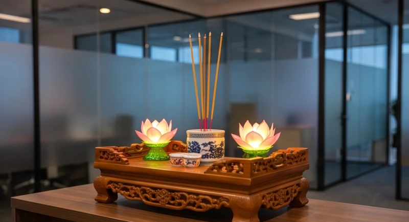 Nhang điện tử và đèn LED trên mâm cúng giúp lễ đọc văn khấn khai trương văn phòng đảm bảo an toàn