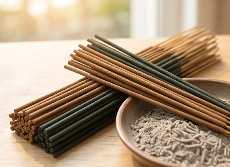 Đốt thử loại nhang thảo mộc hữu cơ màu nâu tự nhiên với phần tàn nhang rụng thành lớp tro mịn
