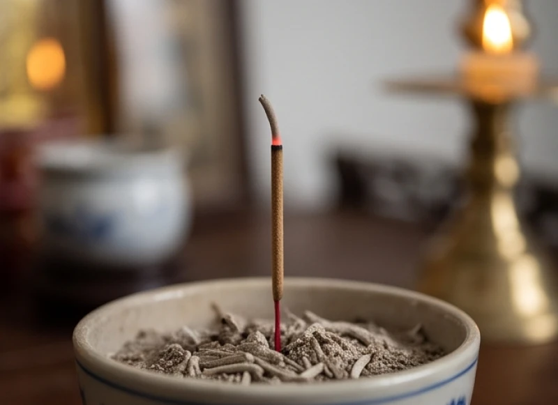 Một nén nhang bị tắt lửa giữa chừng đứng lẻ loi trong bát hương trên bàn thờ gia tiên truyền thống