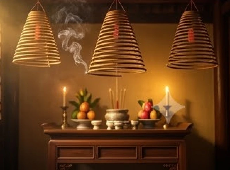 Nhang vòng đang cháy chậm trên ban thờ gia tiên trong những ngày đầu an vị