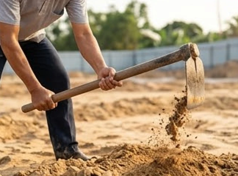 Đích thân gia chủ cầm cuốc vung nhát đầu tiên xuống góc đất đại cát để chính thức khởi công