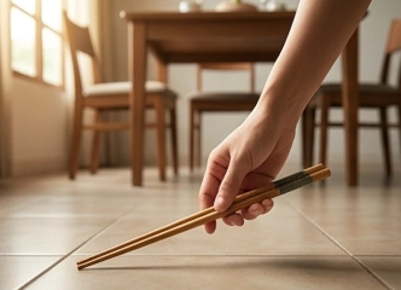 Rơi đũa là điềm gì: Lý giải thực tế và cách hóa giải tức thì 1 Bàn tay nhặt chiếc đũa tre bị đánh rơi xuống nền nhà một cách nhẹ nhàng để đổi sang đôi đũa mới