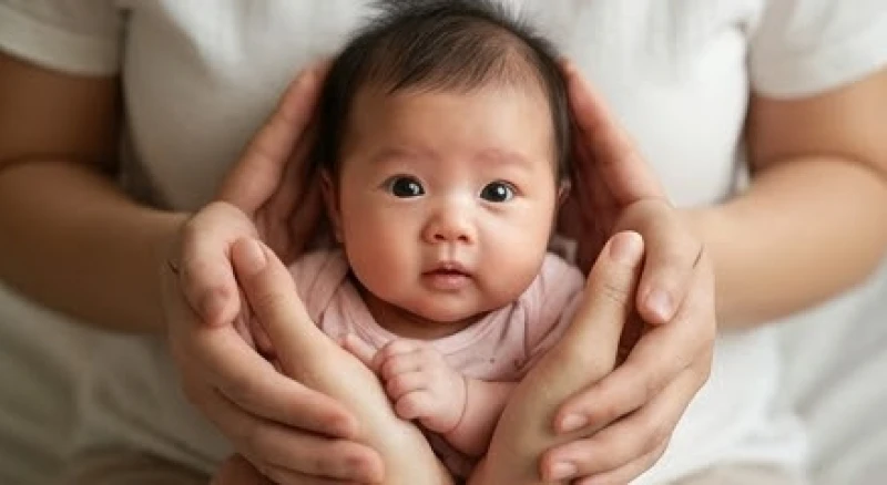 Bé gái nhỏ nhắn với đôi mắt to tròn lấp lánh đang được người lớn bế bồng cẩn thận trên tay