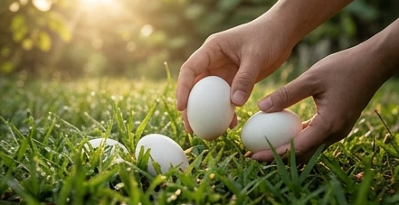 Mơ thấy trứng vịt: Giải mã điềm báo và bộ số dân gian 2 Hai bàn tay đang cẩn thận nhặt những quả trứng vịt lớn từ một bãi cỏ xanh