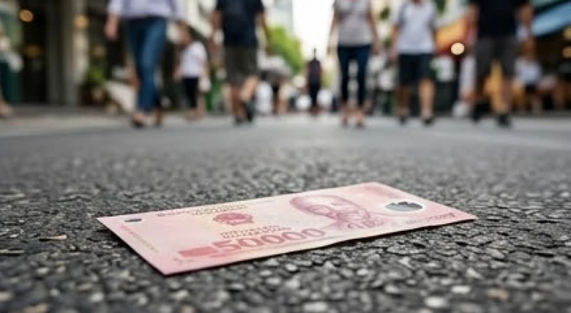 Tờ tiền 50 nghìn đồng nằm rơi trên mặt đường nhựa chờ được nhặt lên đại diện cho vận may